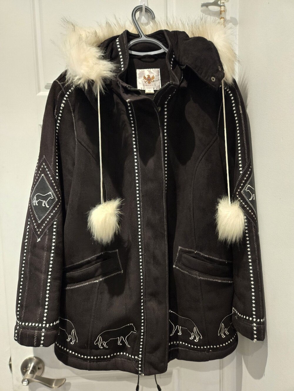 Wolf Embroidered Faux Fur Jacket With Plush Lining.Dark Charcoal Colour